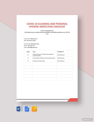COVID-19 Cleaning and Personal Hygiene Inspection Checklist Template