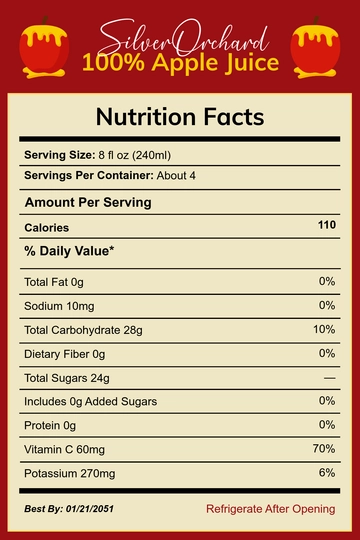 Free Apple Juice Nutritional Label Template to Edit Online