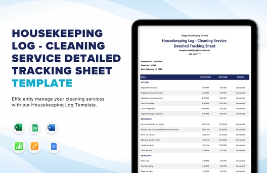 Housekeeping Log - Cleaning Service Detailed Tracking Sheet Template
