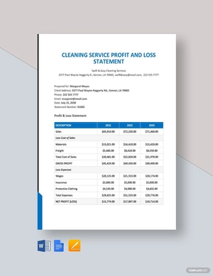 cleaning service profit and loss statement Template