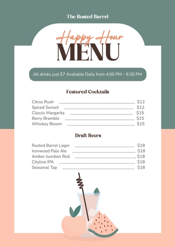 Free Happy Hour Drink Menu Template to Edit Online