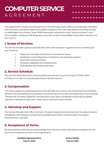 Free Computer Service Contract Template to Edit Online