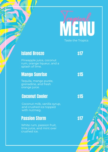 Free Tropical Drink Menu Template to Edit Online