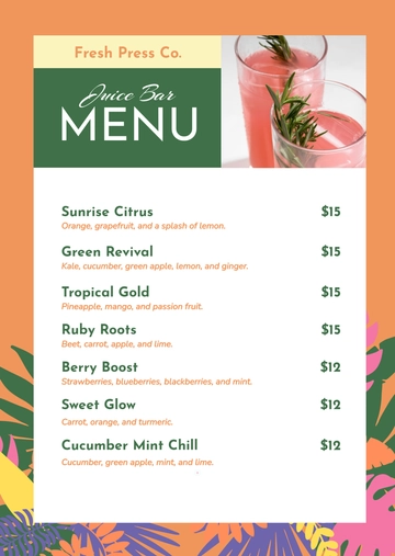 Free Colorful Juice Drink Menu Template to Edit Online