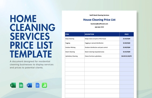 Home Cleaning Services Price List Template
