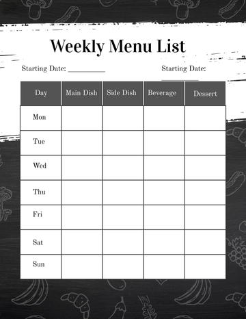 Free Weekly Menu List Template to Edit Online
