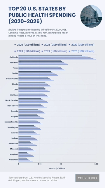 Free Top 20 U.S. States by Public Health Spending (2020-2025) Chart to Edit Online