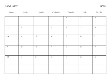 Free Simple January 2026 Horizontal Calendar Template to Edit Online