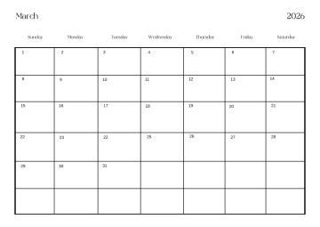 Free Simple March 2026 Horizontal Calendar Template to Edit Online