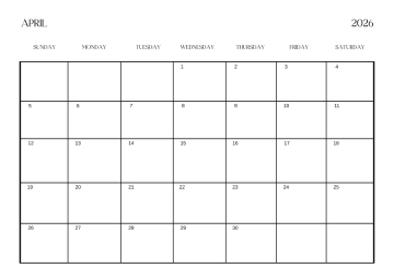 Free Simple April 2026 Horizontal Calendar Template to Edit Online