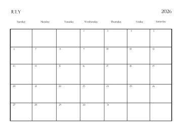 Free Simple July 2026 Horizontal Calendar Template to Edit Online
