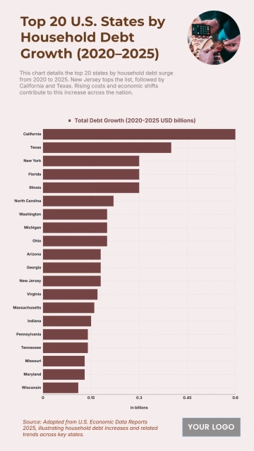 Free Top 20 U.S. States by Household Debt Growth (2020–2025) Charts to Edit Online