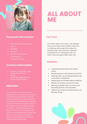 Free Kindergarten About Me Template to Edit Online