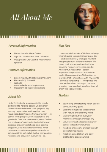 Free Adult About Me Template to Edit Online