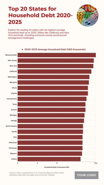 Free Top 20 U.S. States by Average Household Debt (2020-2025) Chart to Edit Online