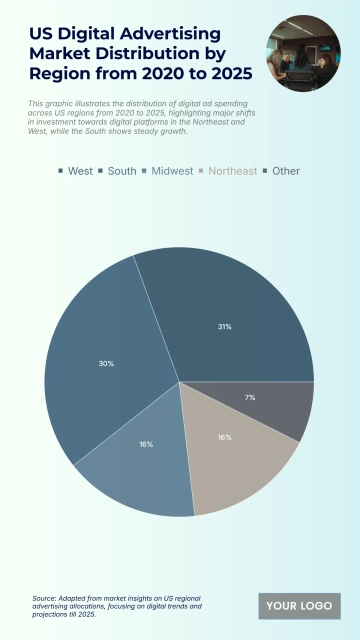 Free US Digital Advertising Market Distribution by Region from 2020 to 2025 Chart to Edit Online