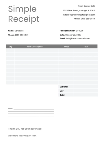 Free Simple Receipt Template to Edit Online