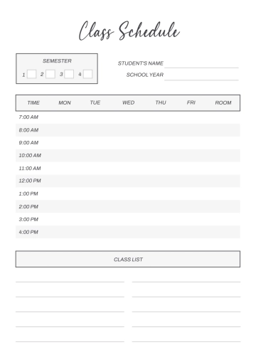 Free Student Classroom Schedule Template to Edit Online