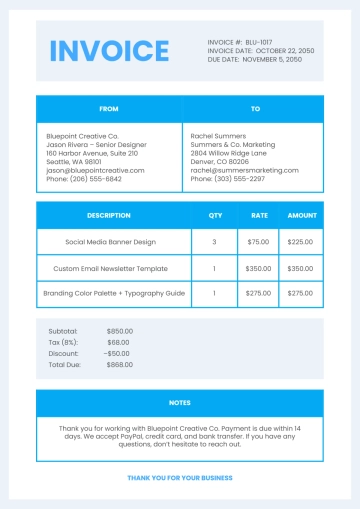 Free Blue Invoice Template to Edit Online