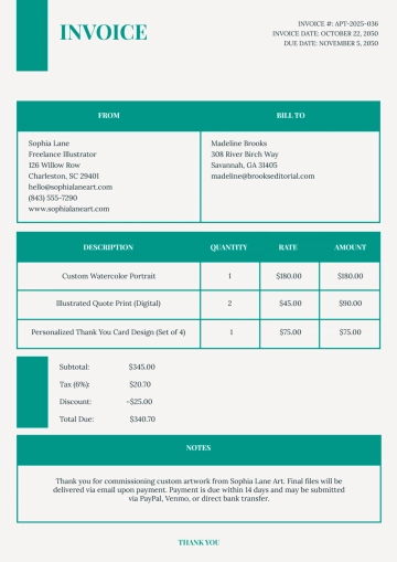 Free Aesthetic Personal Invoice Template to Edit Online