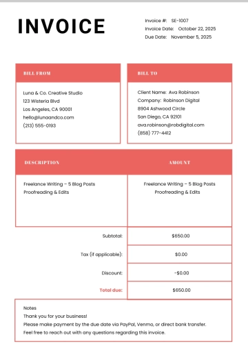 Free Simple Self-Employed Invoice Template to Edit Online Free Simple Self-Employed Invoice Template to Edit Online
