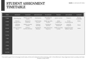 Free Assignment Timetable Template to Edit Online