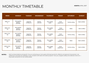 Free Monthly Timetable Template to Edit Online