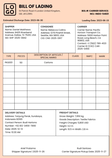 Free Simple Shipment Bill of Lading Template to Edit Online