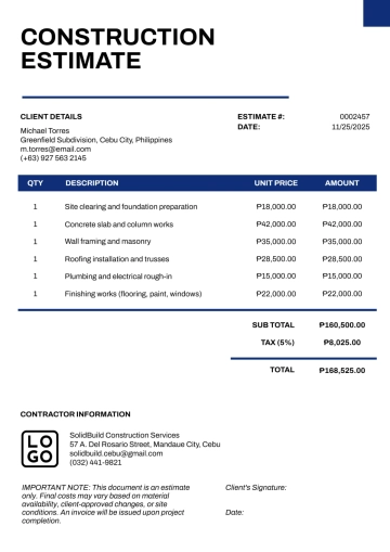 Free Simple Construction Estimate Template to Edit Online