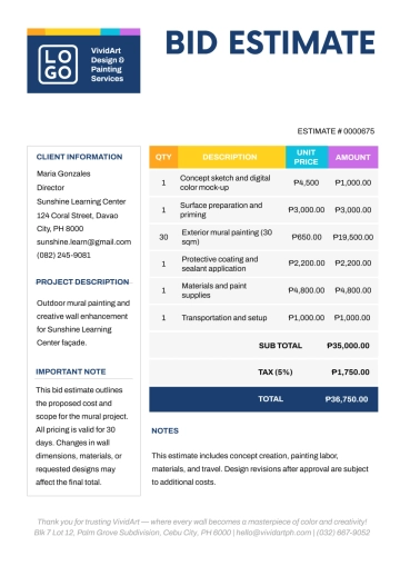 Free Colorful Bid Estimate Template to Edit Online