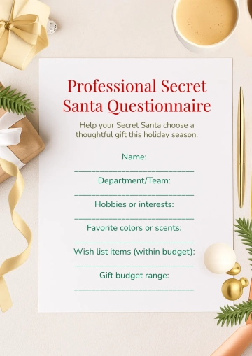 Free Professional Secret Santa Questionnaire Template to Edit Online