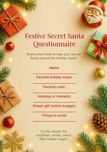 Free Festive Secret Santa Questionnaire Template to Edit Online