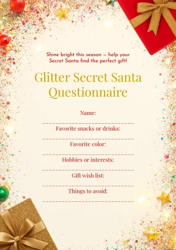 Free Glitter Secret Santa Questionnaire Template to Edit Online