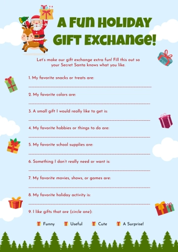 Free Secret Santa Student Questionnaire Worksheet Template to Edit Online