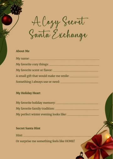 Free Aesthetic Secret Santa Questionnaire Template to Edit Online