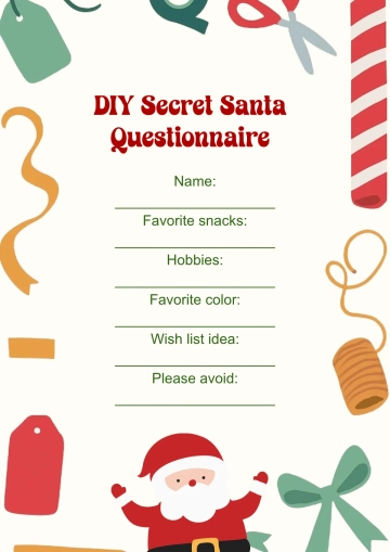 Free DIY Secret Santa Questionnaire Template to Edit Online