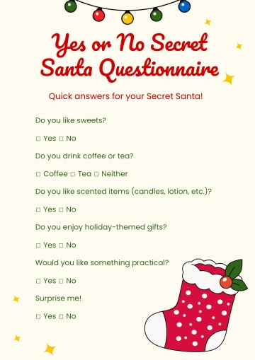 Free Yes or No Secret Santa Questionnaire Template to Edit Online