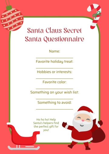 Free Santa Clause Secret Santa Questionnaire Template to Edit Online