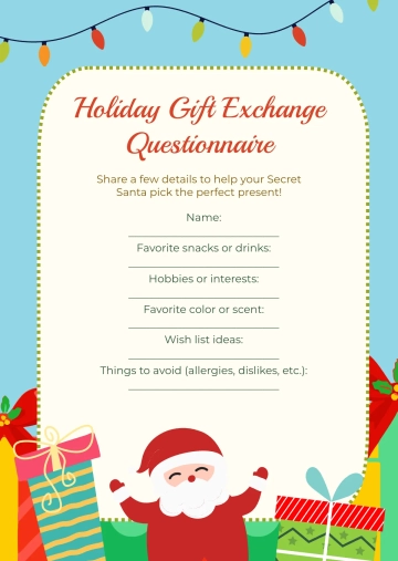 Free Holiday Gift Exchange Questionnaire Template to Edit Online