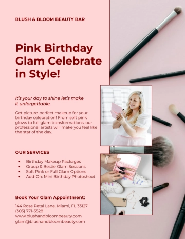 Free Pink Birthday Makeup Flyer Template to Edit Online