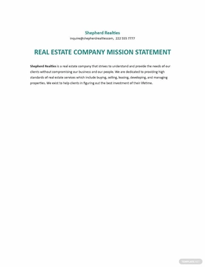 Real Estate Company Sample Mission Statement Template