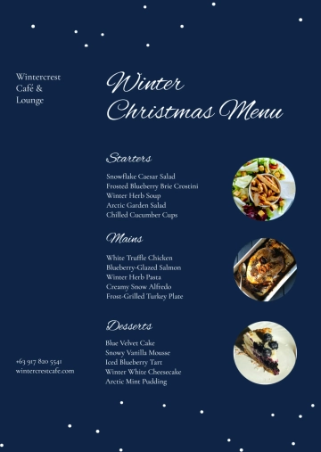 Free Blue and White Winter Christmas Menu Template to Edit Online