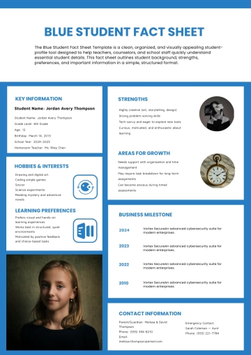 Free Blue Student Fact Sheet Template to Edit Online