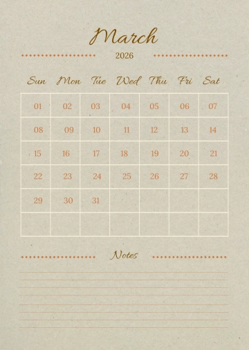 Free March 2026 Calendar With Notes Template to Edit Online