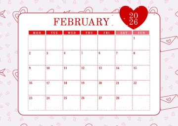 Free Hearts Pattern February 2026 Calendar Template to Edit Online