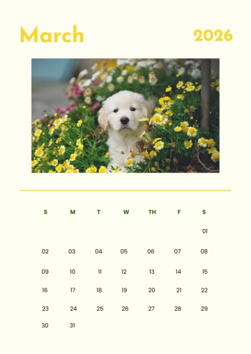 Free Puppy March 2026 Calendar Template to Edit Online
