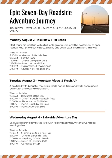 Free Roadside Adventure Itinerary Template to Edit Online