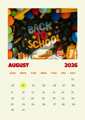 Free August 2026 Back to School Calendar Template to Edit Online
