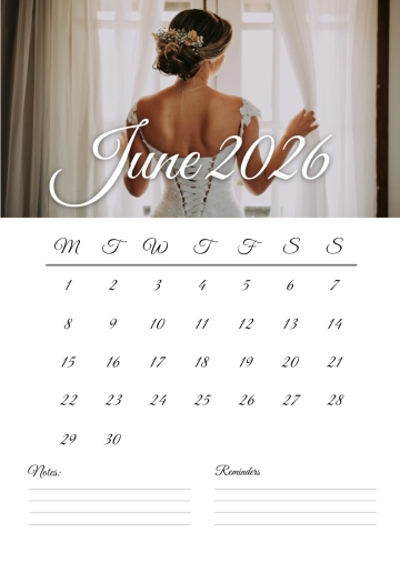 Free June 2026 Bride Calendar Template to Edit Online
