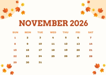 Free Autumn November 2026 Calendar Template to Edit Online
